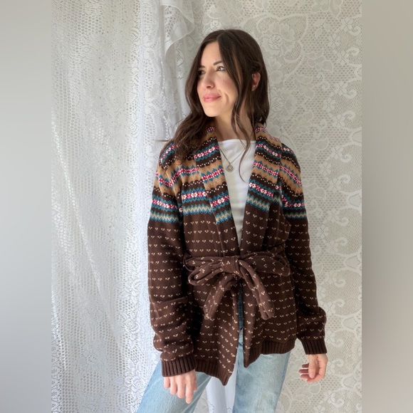 Vintage Southwestern Knit Cardigan Blanket Wrap Boho Cotton Chaps - Picture 11 of 15